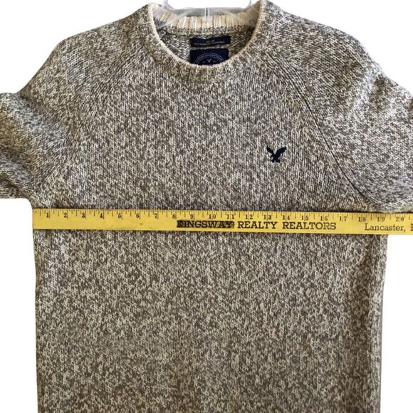 American Eagle Ragg Wool Sweater Mens Size M Preppy Oatmeal Marl Knit Crewneck - Picture 9 of 12